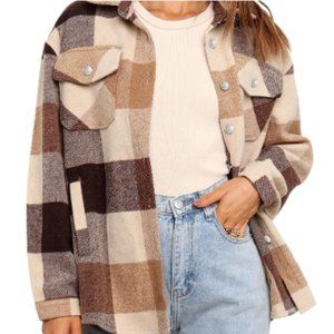 Flannel Plaid Shirt/Jacket Button Down Sz Small Fall brown-beige Pockets Women